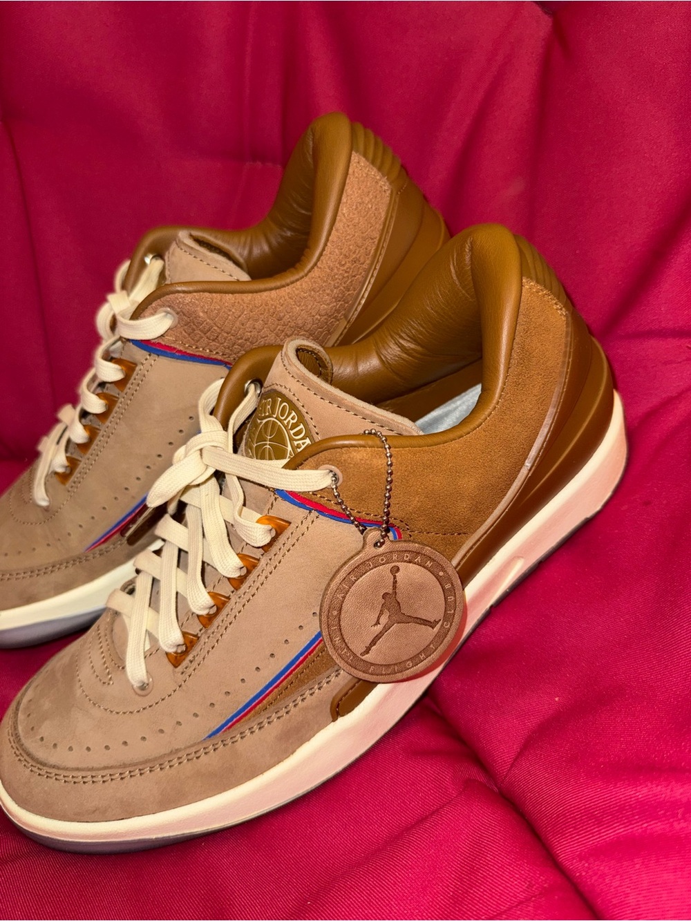 Jordan Men’s Low Top Sneakers in Tan and Brown with Blue/Red Accents
